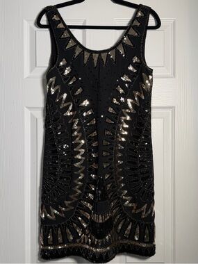 20s Flapper Inspired Semi Formal Black Mini Dress with Gold Sequin Embellishment